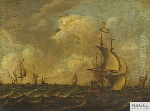 Segelschiffe Vor Der Silhouette Von Amsterdam Oil Painting by Pieter Van Der Croos