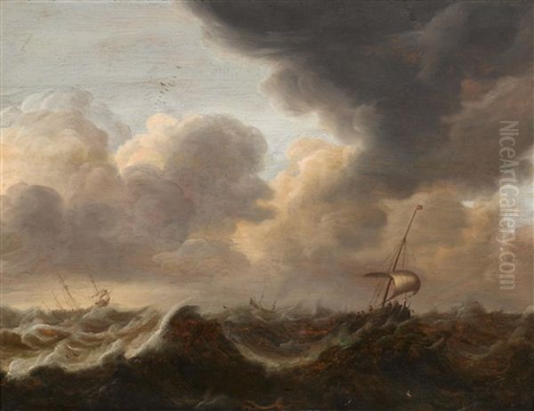 Ships On A Storm-tossed Sea Oil Painting by Pieter Van Der Croos