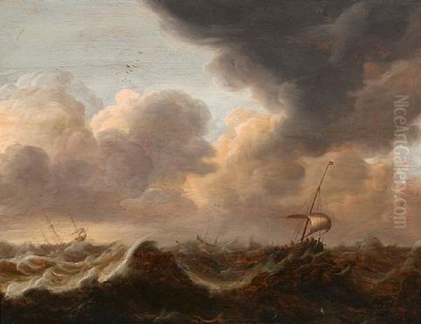 Ships On A Storm-tossed Sea Oil Painting by Pieter Van Der Croos