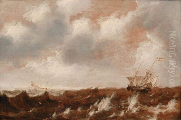 Dutch Ships In Stormy Sea Oil Painting by Pieter Van Der Croos