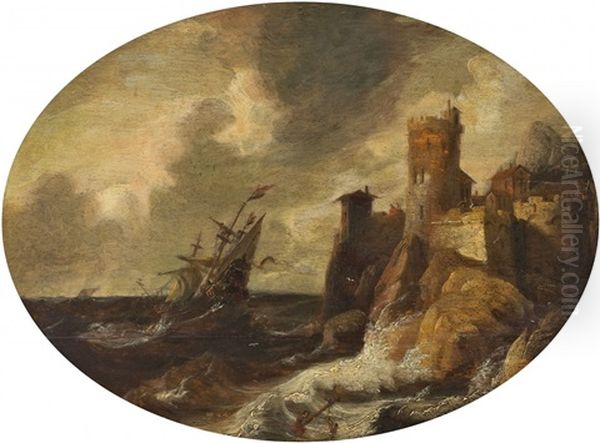 Kustenlandschaft Mit Segelschiff Im Sturm Oil Painting by Pieter Van Der Croos