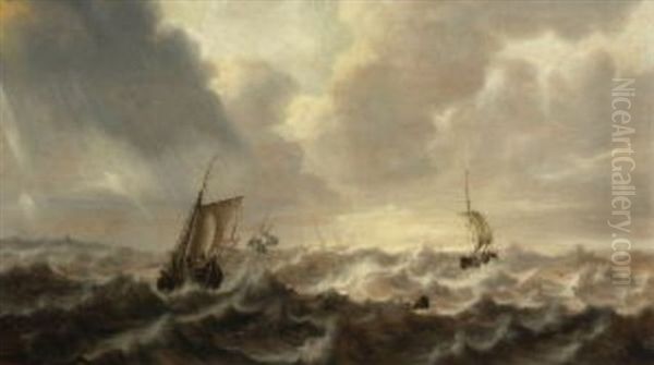 Marine, Fischer- Und Segelboote Auf Sturmisch Bewegter See Oil Painting by Pieter Van Der Croos