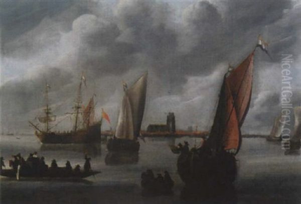 Hafenlandschaft Mit Segelschiffen Im Hintergrund Eine Kathedrale Oil Painting by Pieter Van Der Croos