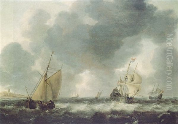 Dutch Men O'war And Pinks In Choppy Waters Off A Coastline Oil Painting by Pieter Van Der Croos