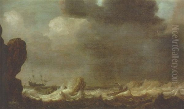 Shipping In A Storm Off A Rocky Coast Oil Painting by Pieter Van Der Croos