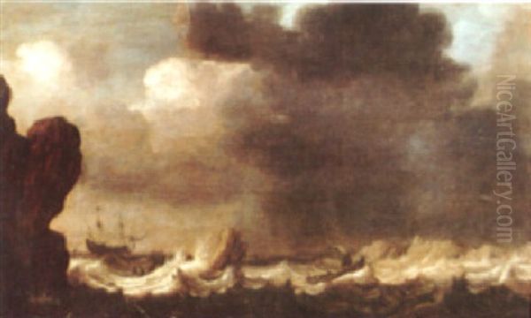 A Coastal Scene With A Frigate Offshore Oil Painting by Pieter Van Der Croos