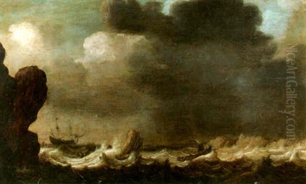 Coastal Scene With A Frigate Offshore Oil Painting by Pieter Van Der Croos