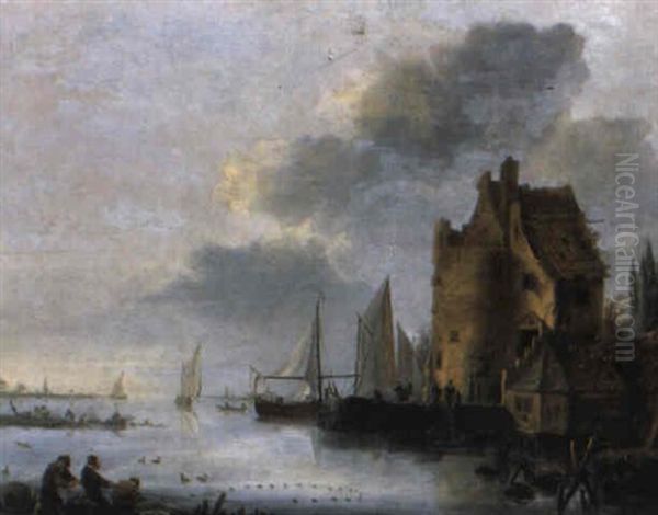 Estuary Landscape With Fishermen Pulling In Their Nets Oil Painting by Pieter Van Der Croos