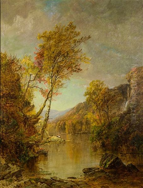 Estuary With A Man Fishing And Figures In A Rowboat Oil Painting by Jasper Francis Cropsey