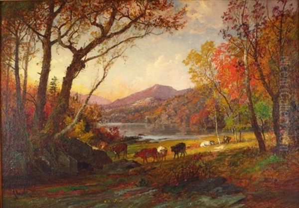 Autumn Landscape With Lake, Mountains And Cattle Oil Painting by Jasper Francis Cropsey