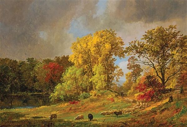 A Shepherd And His Flock Oil Painting by Jasper Francis Cropsey