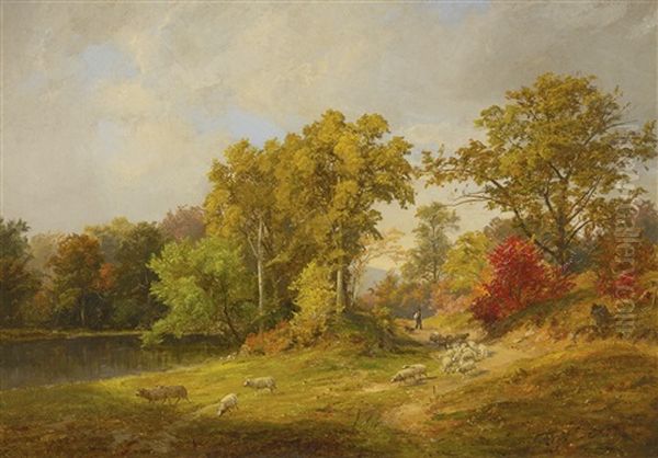 Autumn Landscape With Shepherd, Dog And Sheep Oil Painting by Jasper Francis Cropsey