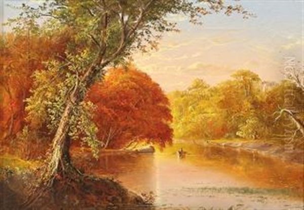 Autumn Lake Scene With Figure In A Row Boat Oil Painting by Jasper Francis Cropsey