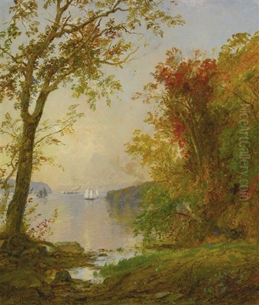 Boating On The Hudson (sailboat Near Hook Mountain) Oil Painting by Jasper Francis Cropsey