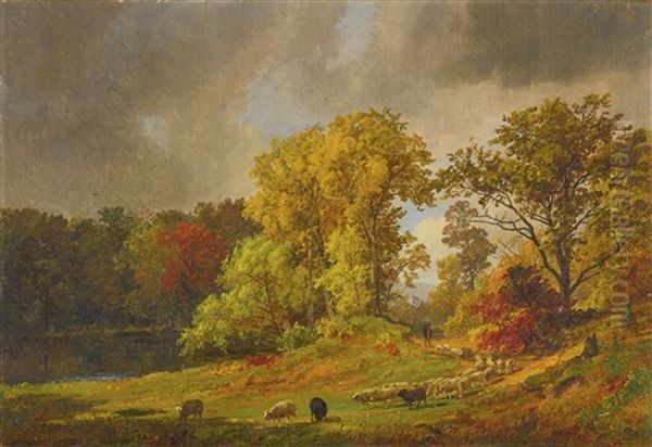 A Shepherd And His Flock Oil Painting by Jasper Francis Cropsey