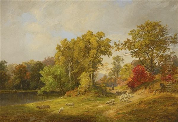 Autumn Landscape With Shepher, Dog And Sheep Oil Painting by Jasper Francis Cropsey