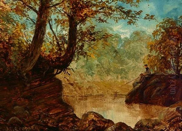 Figure Fishing In Wooded River Landscape Oil Painting by Jasper Francis Cropsey