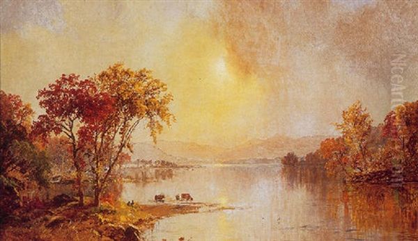 An Autumn River Landscape Oil Painting by Jasper Francis Cropsey