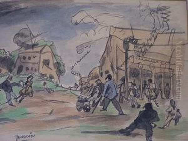 Pascin- Figures In A Village Street; Watercolour, Bears Signature, 18.5x27.5cm Oil Painting by Jules Alphonse Anthone