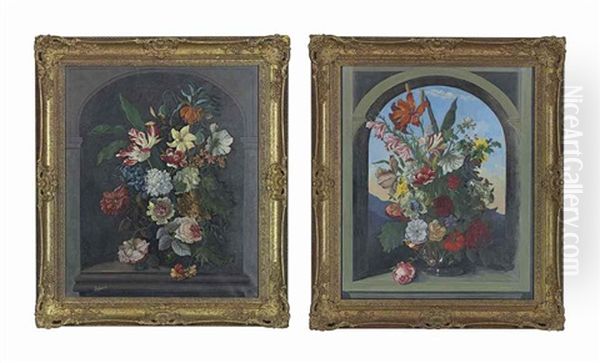 A Vase Of Flowers In A Niche; And Another, Similar Oil Painting by Frederick Gordon Crosby