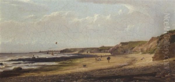 Coast Scene At Ryhope, Seaham Harbour In The Distance Oil Painting by William Crosby