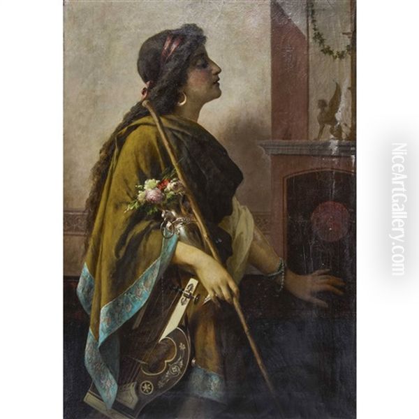 Antikisierende Frauenfigur Mit Lyra Und Blumenbouquet Oil Painting by Luigi Crosio