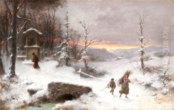 Winterlandschaft Mit Reisigsammlern - Im Hintergrund Ein Kapuziner-monch Vor Einer Wegkapelle by Luigi Crosio