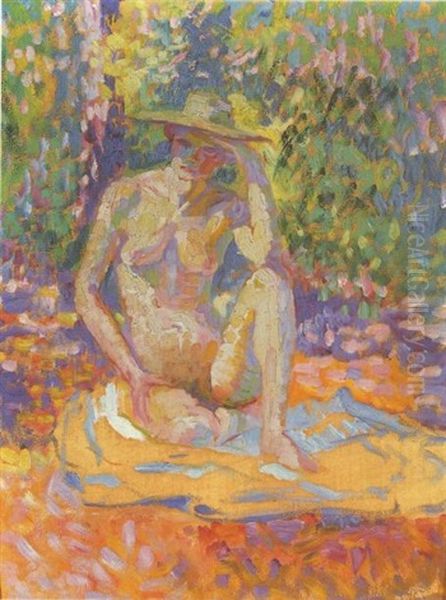 Etude Pour Nymphes: Femme Au Chapeau, Nu En Plein Air (study) Oil Painting by Henri-Edmond Cross