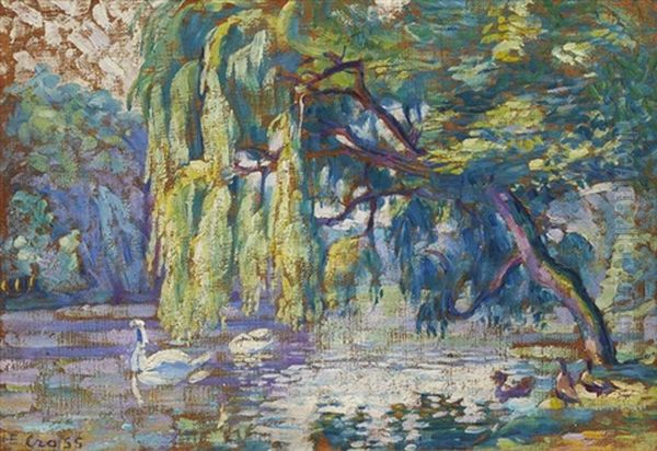 Famille De Cygnes - Le Bois De Boulogne Oil Painting by Henri-Edmond Cross