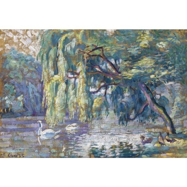 Famille De Cygnes - Le Bois De Boulogne Oil Painting by Henri-Edmond Cross