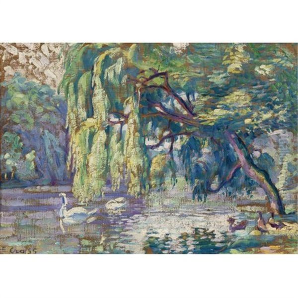 Famille De Cygnes (le Bois De Boulogne) Oil Painting by Henri-Edmond Cross