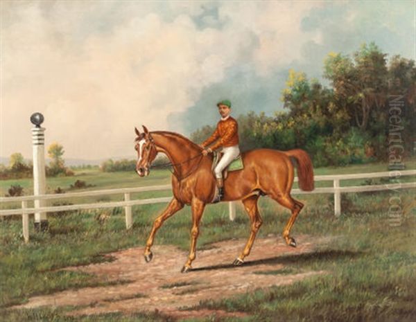 Chestnut Racehorse With Jockey Up On A Training Track With A Wooded Landscape Beyond Oil Painting by Henry H. Cross