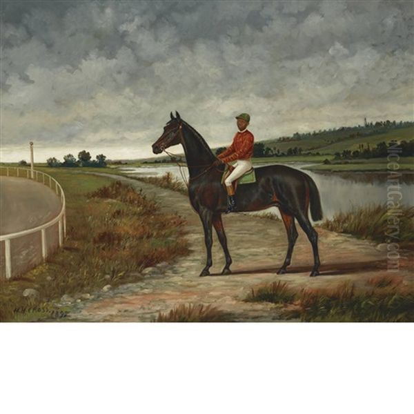 Dark Racehorse With A Jockey Up By A Racetrack In A River Landscape Oil Painting by Henry H. Cross