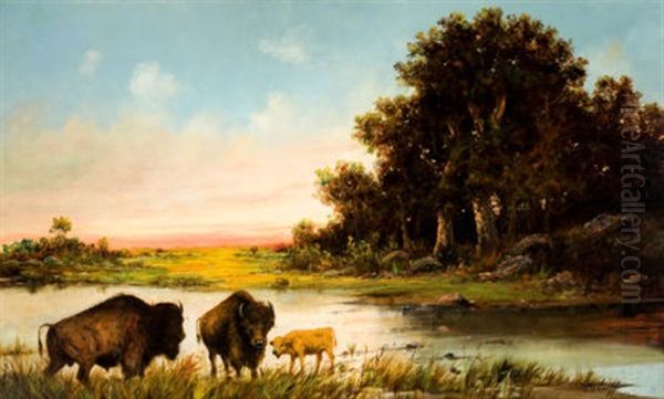 Buffalo By The River Oil Painting by Henry H. Cross