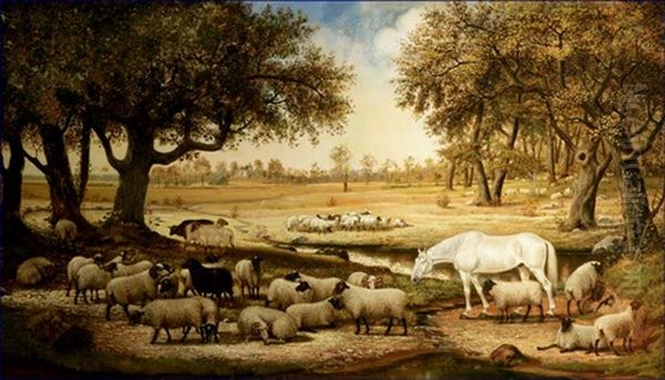 Livestock In A Sylvan Field With Stream Oil Painting by Henry H. Cross