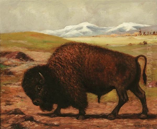 Buffalo In Landscape With Teepees In Background by Henry H. Cross