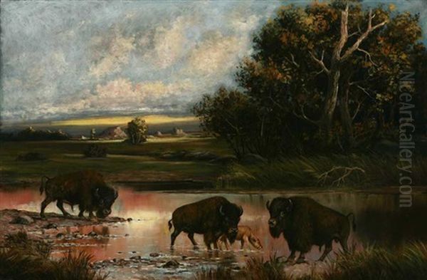 Buffalo In River Landscape Oil Painting by Henry H. Cross