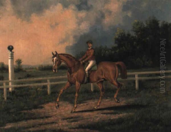 Chestnut Racehorse With Jockey Up On Training Track Oil Painting by Henry H. Cross