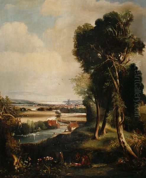 A River Landscape With An Estuary Beyond Oil Painting by Henry Mark Anthony