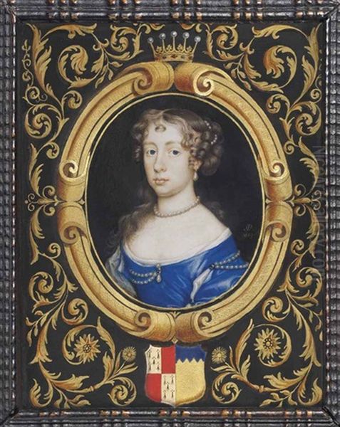 Elizabeth Stanhope, Countess Of Chesterfield (d. 1677), In Blue And White Silk Dress, With Drop-pearl At Corsage And Pearl Strand Border, Pearl... Oil Painting by Peter Cross