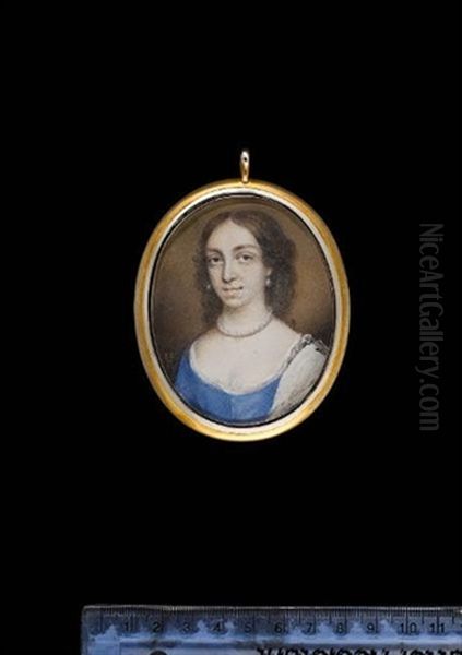 Katherine Duncourt, Wearing Blue Dress With White Underslip, White Cloak Over Her Left Shoulder, Pearl Necklace And Matching Earrings Oil Painting by Peter Cross