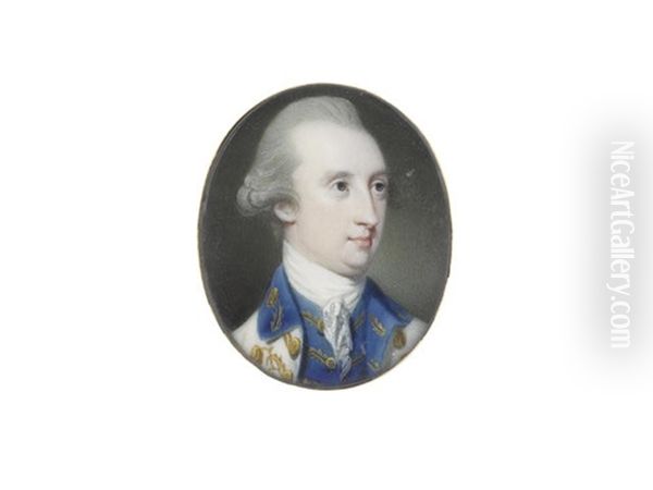 A Gentleman, Wearing White Coat With Blue Collar And Matching Blue Waistcoat, White Chemise, Stock And Lace Cravat, His Powdered Wig Worn En Queue Oil Painting by Richard Crosse