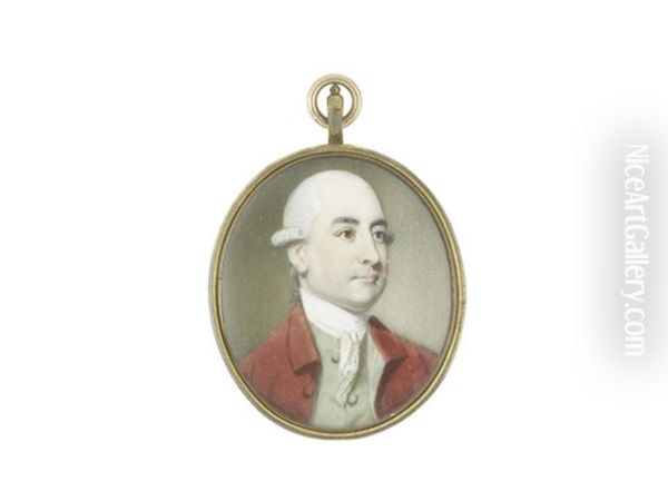 A Gentleman Identified As, Sir George Sayer, Wearing Crimson Coat, Mint Green Waistcoat, White Stock And Lace Cravat, His Powdered Wig Worn En Queue And Tied With Black Ribbon by Richard Crosse