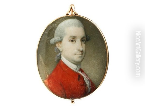 A Portrait Miniature Of A Gentleman, Wearing Scarlet Coat, White Frilled Chemise And Stock, His Powdered Wig Worn En Queue And Tied With Grey Ribbon Oil Painting by Richard Crosse