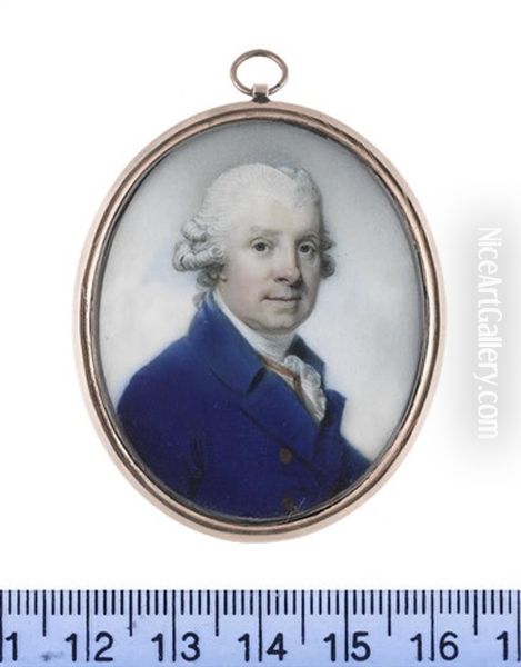 A Gentleman, Wearing Blue Coat, White Waistcoat Trimmed With Gold, White Stock And Lace Cravat, His Powdered Wig Worn En Queue And Tied With A Grey Ribbon Bow Oil Painting by Richard Crosse