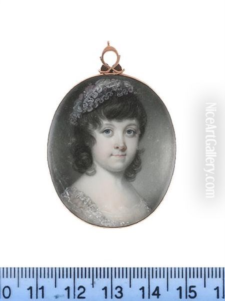 A Young Girl, Wearing Pale Pink Dress With White Lace Trim And Matching Bonnet Oil Painting by Richard Crosse