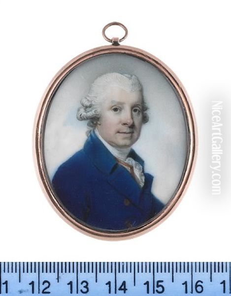 A Gentleman, Wearing Blue Coat, White Waistcoat Trimmed With Gold, White Stock And Lace Cravat, His Powdered Wig Worn En Queue And Tied With A Gray Ribbon Bow Oil Painting by Richard Crosse