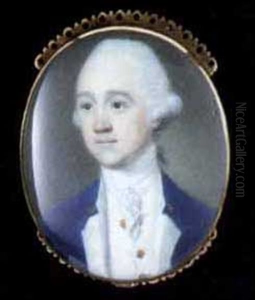 A Young Gentleman In Blue Coat With White Facings And Waistcoat, Lace Cravat, Powdered Hair En Queue Oil Painting by Richard Crosse