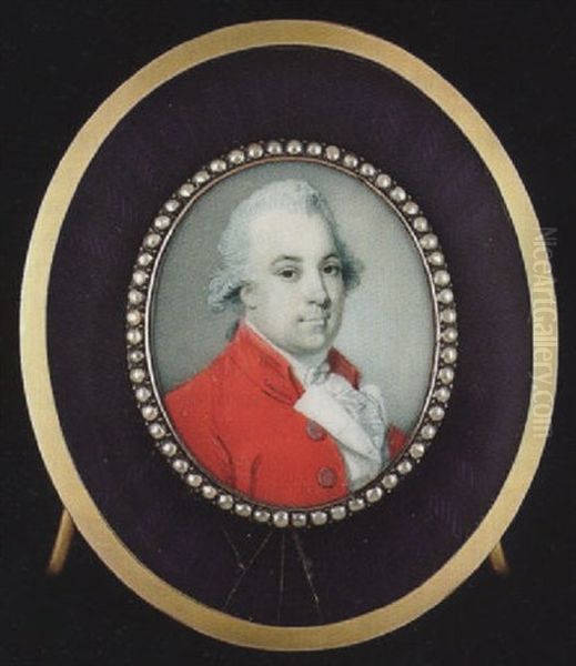 A Gentleman With Powdered Hair En Queue, Wearing Scarlet Coat With Silver Buttons, White Waistcoat, Tied Stock And Frilled Cravat Oil Painting by Richard Crosse