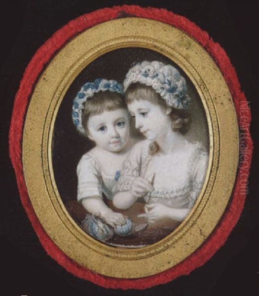 The Dix Sisters, Tatting With Blue Thread, Wearing White Lace Bonnets Threaded With Blue Ribbon And Short Sleeved White Dresses by Richard Crosse